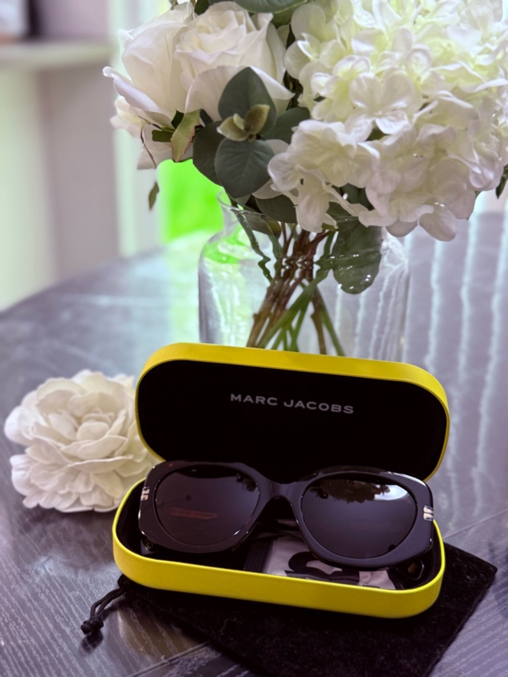 Marc Jacobs Black Folding Sunglasses with Yellow Case. NWOT